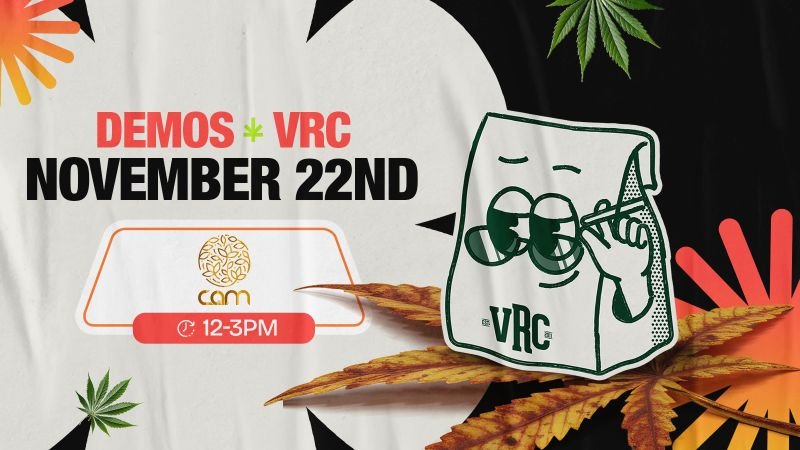 Promotional graphic for Vallejo Relief Center’s cannabis brand demo event featuring CAM on November 22nd from 12 PM to 3 PM. Includes VRC’s illustrated shopping bag mascot with sunglasses, cannabis leaves, and bold text in red, black, and orange tones.