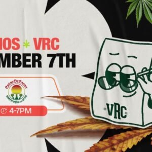 Promotional image for Vallejo Relief Center’s cannabis demo with Creme De Canna on November 7th from 4 PM to 7 PM. Includes VRC’s bag mascot wearing sunglasses beside cannabis and fall leaves.
