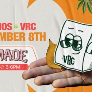 Event promo for Vallejo Relief Center’s cannabis demo featuring MADE on November 8th from 3 PM to 6 PM. Shows VRC’s mascot bag holding a gift over autumn leaves and colorful cannabis designs.