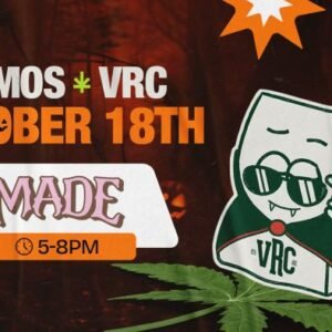 MADE cannabis demo at Vallejo Relief Center on October 18, 2025, from 5 PM to 8 PM, featuring the VRC mascot in a Halloween vampire costume surrounded by pumpkins and cannabis leaves.