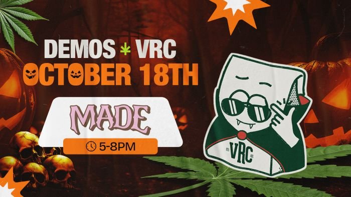 MADE cannabis demo at Vallejo Relief Center on October 18, 2025, from 5 PM to 8 PM, featuring the VRC mascot in a Halloween vampire costume surrounded by pumpkins and cannabis leaves.