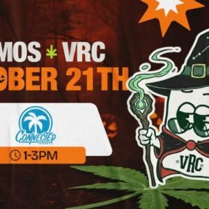 Connected cannabis demo at Vallejo Relief Center on October 21, 2025, from 1 PM to 3 PM, featuring the VRC mascot dressed as a wizard casting spells among pumpkins and cannabis leaves.