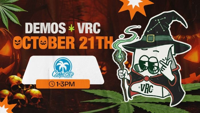 Connected cannabis demo at Vallejo Relief Center on October 21, 2025, from 1 PM to 3 PM, featuring the VRC mascot dressed as a wizard casting spells among pumpkins and cannabis leaves.