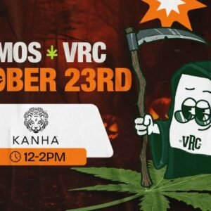 Kanha cannabis demo at Vallejo Relief Center on October 23, 2025, from 12 PM to 2 PM, featuring the VRC mascot dressed as the Grim Reaper holding a scythe with a Halloween backdrop.