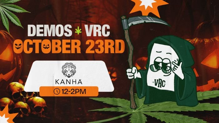 Kanha cannabis demo at Vallejo Relief Center on October 23, 2025, from 12 PM to 2 PM, featuring the VRC mascot dressed as the Grim Reaper holding a scythe with a Halloween backdrop.