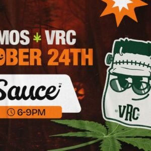 Sauce cannabis demo at Vallejo Relief Center on October 24, 2025, from 6 PM to 9 PM, with the VRC mascot dressed as Frankenstein in a spooky Halloween theme.