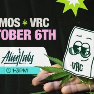 Alien Labs cannabis demo event at Vallejo Relief Center on October 6, 2025, from 1 PM to 3 PM, featuring the VRC mascot holding a gift bag over cannabis leaves