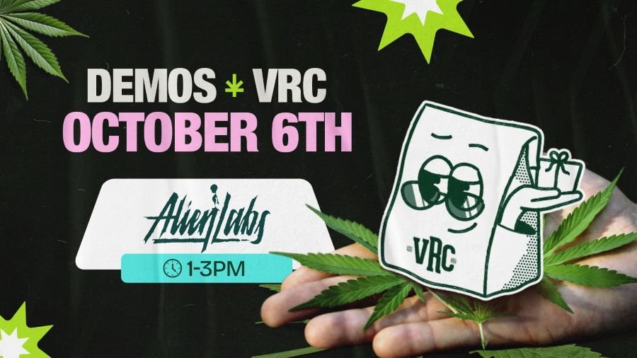 Alien Labs cannabis demo event at Vallejo Relief Center on October 6, 2025, from 1 PM to 3 PM, featuring the VRC mascot holding a gift bag over cannabis leaves