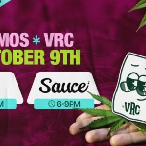 Kanha and Sauce cannabis demos at Vallejo Relief Center on October 9, 2025, with Kanha from 12 PM to 2 PM and Sauce from 6 PM to 9 PM, featuring the VRC mascot holding a gift bag over cannabis leaves.