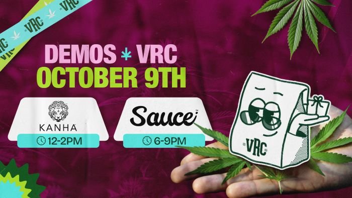 Kanha and Sauce cannabis demos at Vallejo Relief Center on October 9, 2025, with Kanha from 12 PM to 2 PM and Sauce from 6 PM to 9 PM, featuring the VRC mascot holding a gift bag over cannabis leaves.