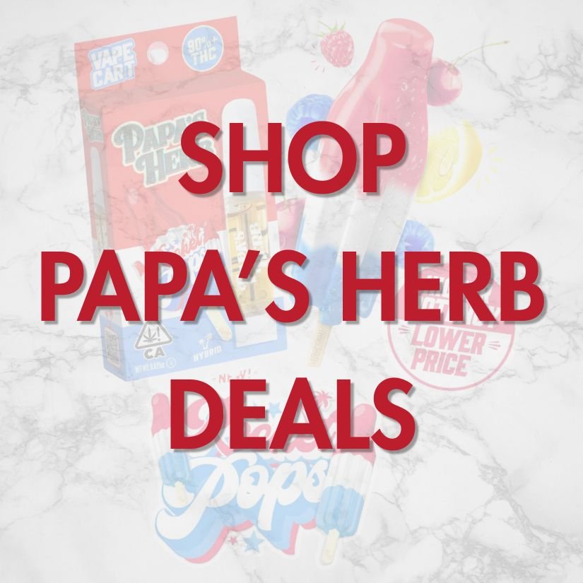 landing-page-vrc-papas-herb-shop-deals Papa’s Herb Rocket Pops vape cartridges with text “Shop Papa’s Herb Deals” – Friday Buy 2 Get 1 for $1 vape promotion at Vallejo Relief Center.