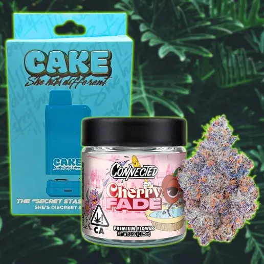 Connected Cherry Fade premium flower and Cake vape box on a green leafy background, featured in Vallejo Relief Center’s October Tuesday cannabis specials.