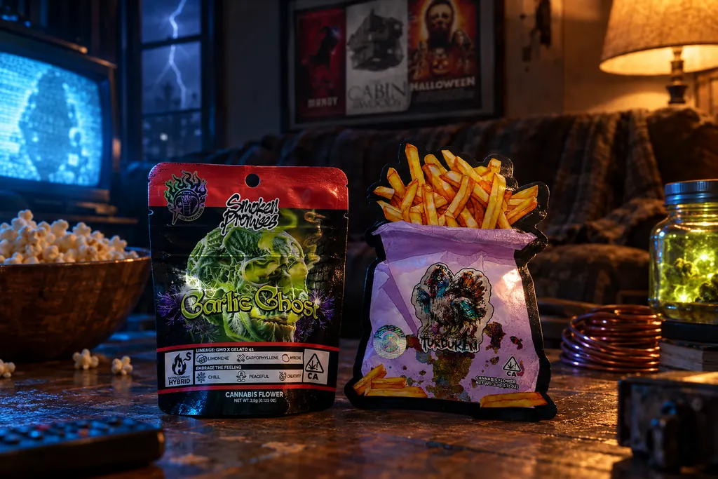 Movie night setup with Smoken Promises Garlic Ghost and Teds Budz Turducken beside popcorn and a flickering TV
