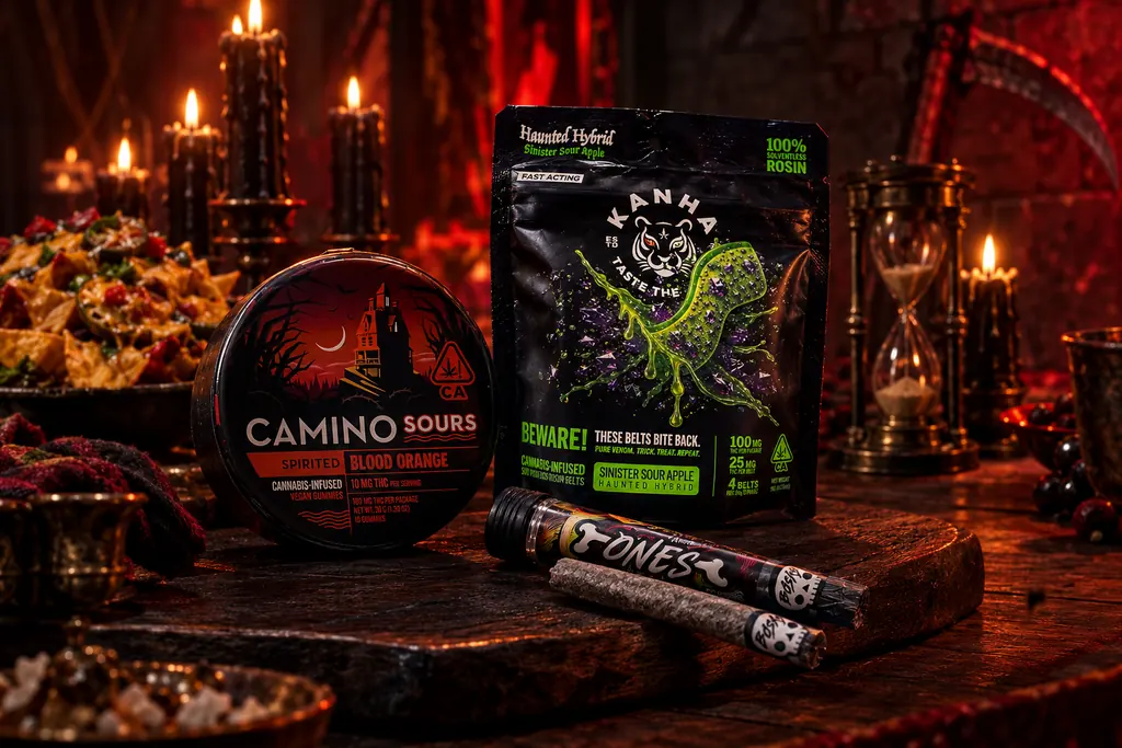 A gothic Halloween feast featuring Kanha Haunted Sinister Sour Apple, Camino Sours Blood Orange, and Bosky Bones