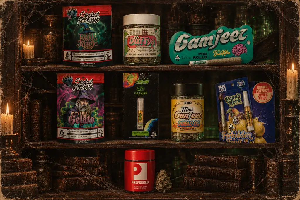 Cabinet of curiosities displaying spooky-named cannabis like Dark Magic, Brain Killer OG, and Forbidden Fruit for VRC’s cannabis Halloween guide
