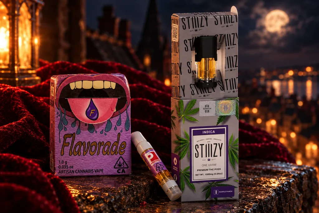 STIIIZY Purple Punch pod and Flavorade Dark Designer cart on a moonlit stone ledge for VRC’s Halloweed blog