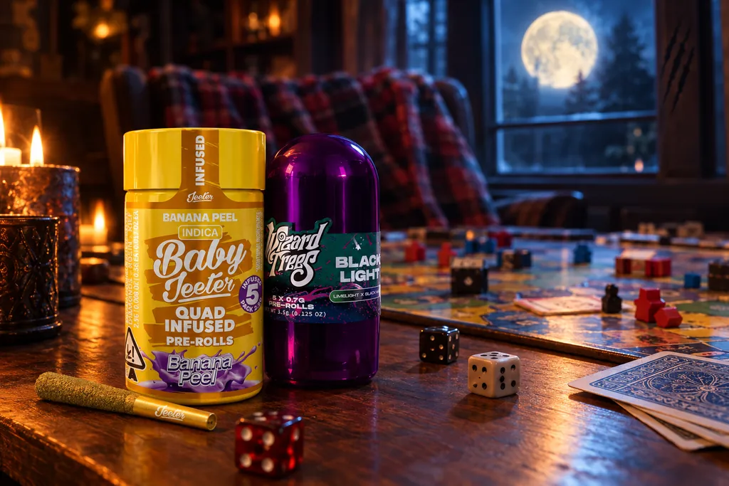 Baby Jeeter Banana Peel and Wizard Trees Black Light pre-roll packs on a game table under a full moon
