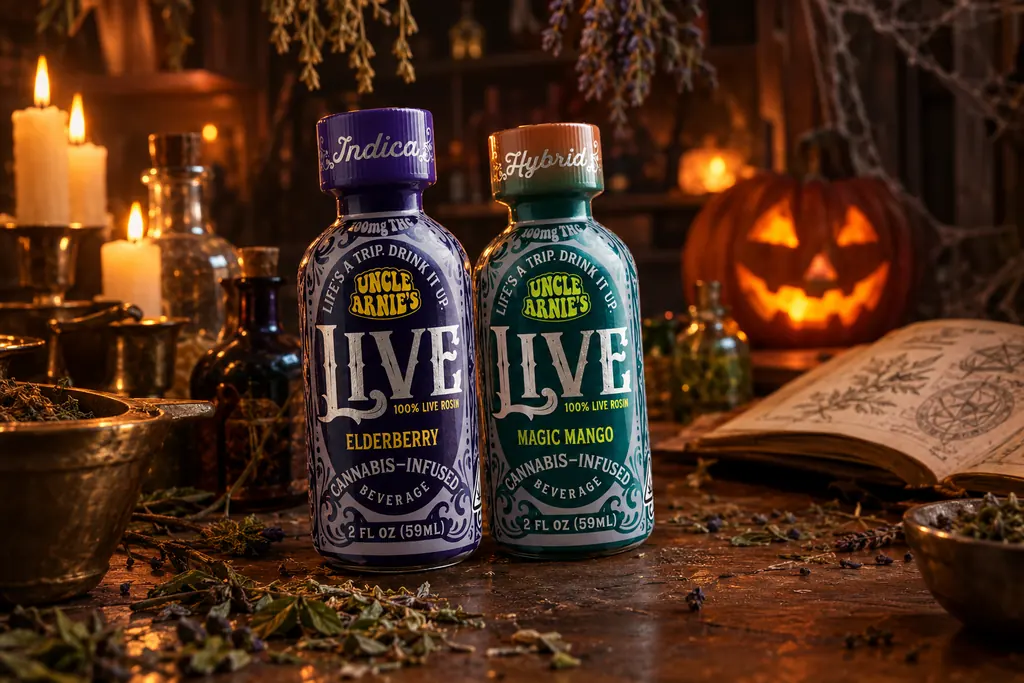 Two Uncle Arnie’s LIVE cannabis drinks, Elderberry and Magic Mango, among candles and herbs in a witchy kitchen