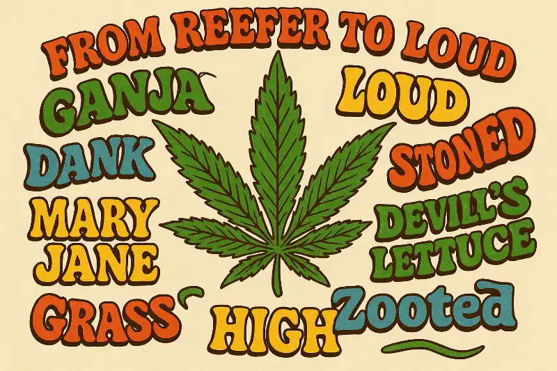 Colorful retro-style illustration featuring a large green cannabis leaf surrounded by slang terms like ganja, reefer, loud, dank, Mary Jane, grass, zooted, and devil’s lettuce in bold, vintage typography