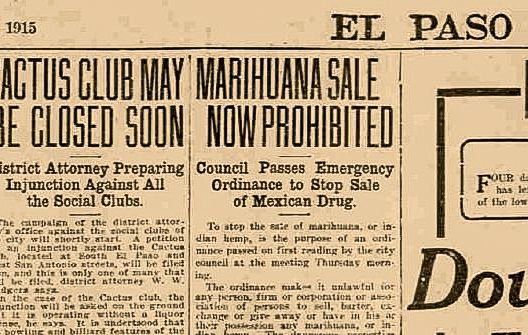 Historic 1915 newspaper clipping from the El Paso Herald with headline ‘Marihuana Sale Now Prohibited,’ showing early anti-cannabis legislation language targeting the ‘Mexican drug’
