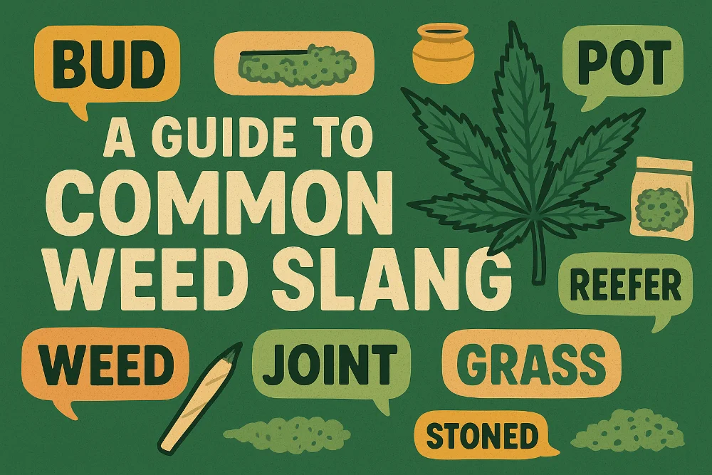 blog-vrc-glossary-of-weed-terms Retro-style illustration of a 1970s-inspired cannabis guide poster, featuring psychedelic typography, warm muted colors, and stoner culture elements like a joint, sunglasses, and vintage lettering that reads ‘A Guide to Cannabis Slang’