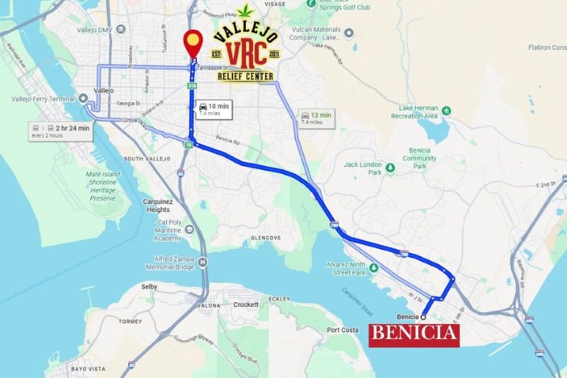 landing-page-benicia-map Map showing driving directions from Benicia, CA to Vallejo Relief Center, highlighting a 10-minute route via I-780 and I-80 with a pin on the dispensary location.