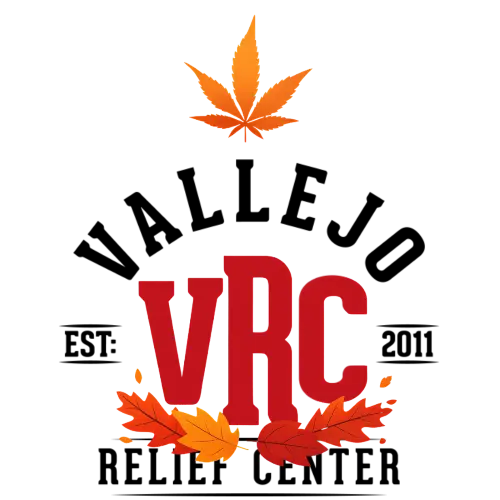 Cartoon-style Vallejo Relief Center autumn logo with bold red ‘VRC’ letters, orange and yellow fall leaves at the base, and an orange cannabis leaf above.