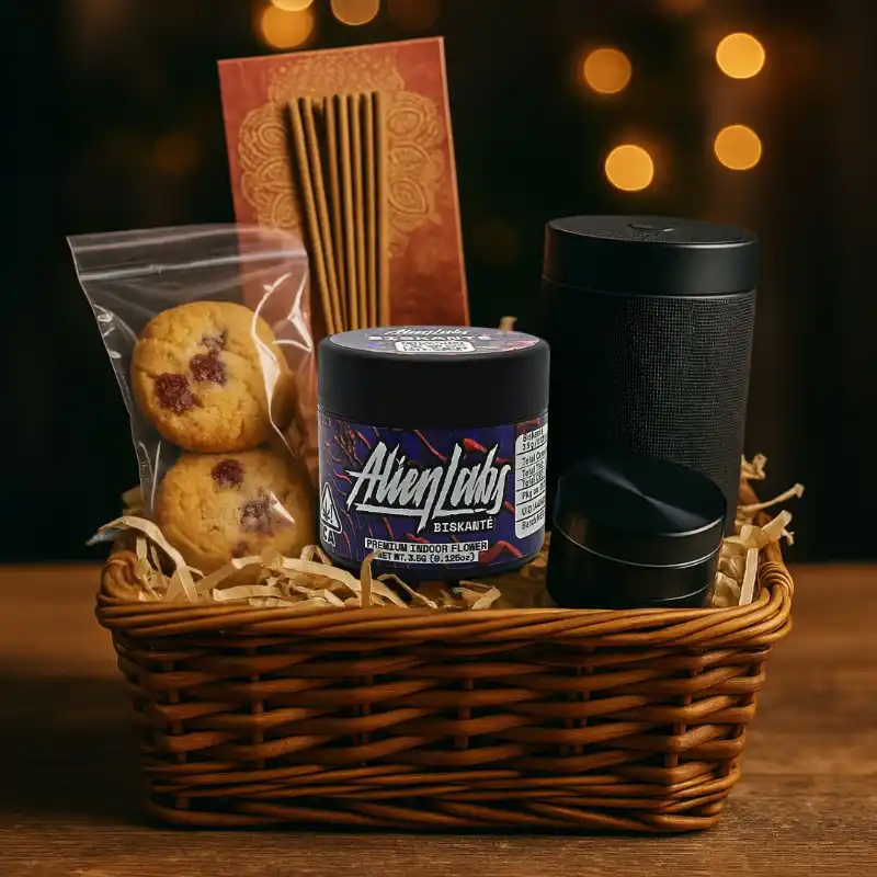 Holiday cannabis gift basket featuring Alien Labs' Biskante, cherry cookies, incense, grinder, and Bluetooth speaker with warm festive lighting.