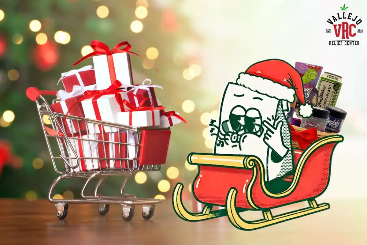 blog-vrc-best-holiday-strain-hero-image VRC mascot in Santa hat riding a sleigh filled with holiday cannabis gifts next to a cart full of wrapped presents.