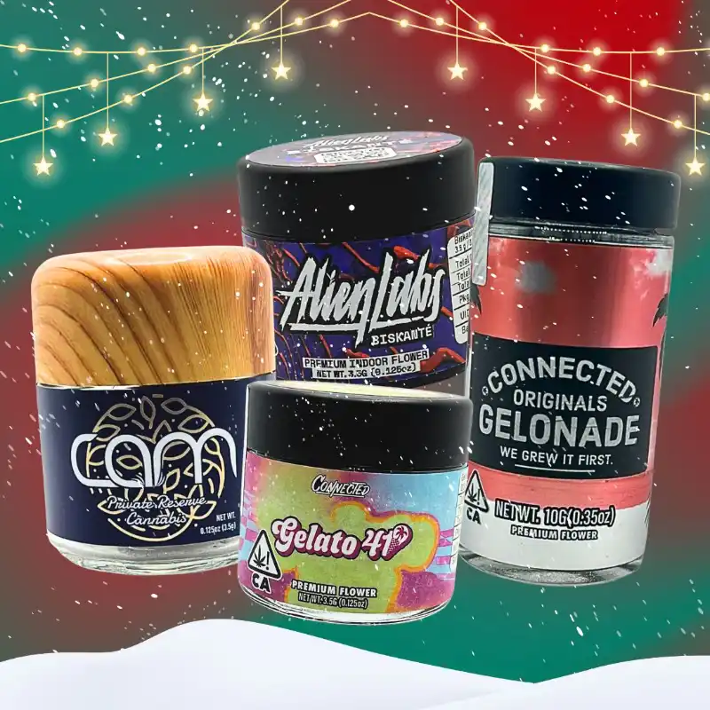 Holiday-themed display of top hybrid cannabis strains including Biskante, Gelato 41, Gelonade, and Kush Mints.