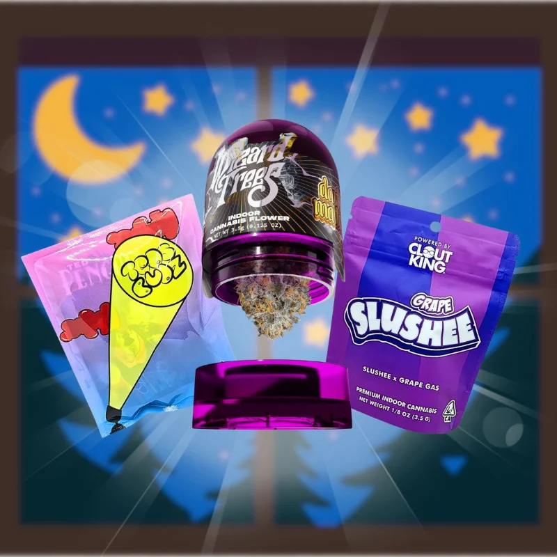 Nighttime display of indica cannabis strains including Grape Slushee, Ted Penguin, and Dark Matter with dreamy background.
