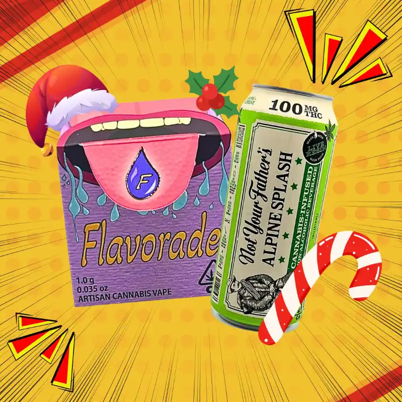 Flavorade vape and Not Your Father’s Alpine Splash cannabis soda with holiday-themed design and festive candy cane graphics.