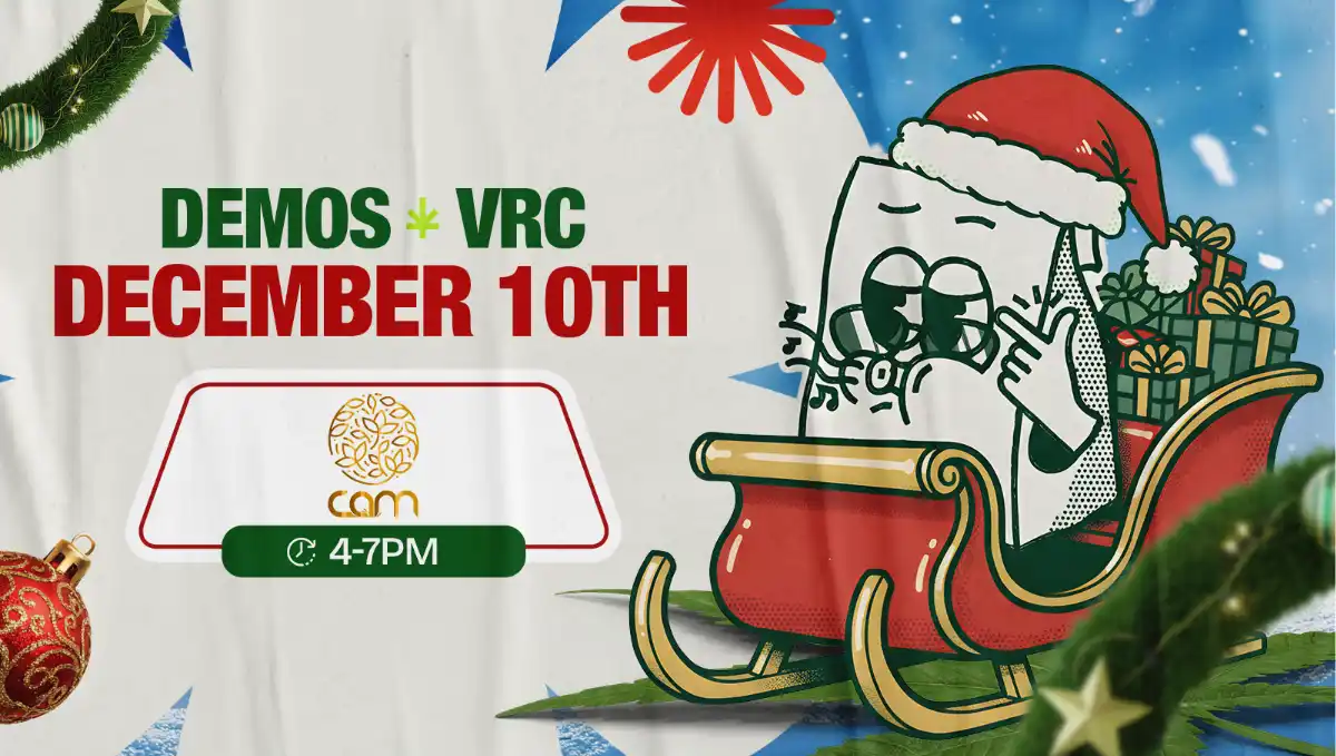 Festive Vallejo Relief Center event graphic for CAM cannabis demo on December 10th from 4 PM to 7 PM. Depicts VRC’s Santa-hat mascot riding a sleigh full of wrapped presents with a Christmas design.