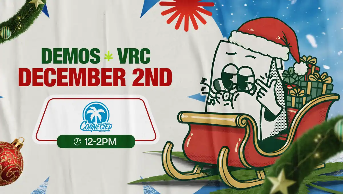 Holiday-themed Vallejo Relief Center promo for Connected demo on December 2nd from 12 PM to 2 PM. Features VRC’s Santa-hat mascot riding a red sleigh filled with gifts, surrounded by festive ornaments and snow.