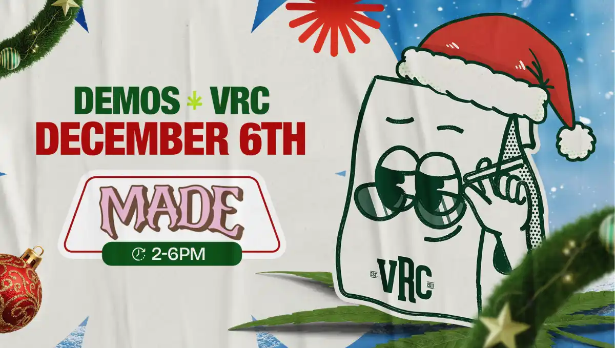 Christmas promo graphic for Vallejo Relief Center’s MADE cannabis demo on December 6th from 2 PM to 6 PM. Shows VRC’s cool paper-bag mascot wearing a Santa hat with a snowy holiday background.