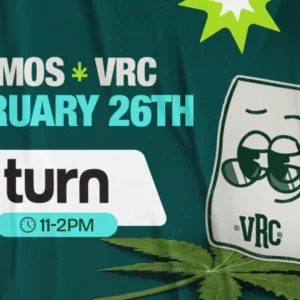 Promotional image for Vallejo Relief Center cannabis demo with Turn on February 26th from 11 AM to 2 PM, featuring the VRC mascot and cannabis leaf accents on a teal background.