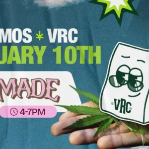 Cannabis brand demo promo for Vallejo Relief Center featuring MADE on January 10th from 4 PM to 7 PM, with the VRC mascot posed over a hand holding cannabis leaves.