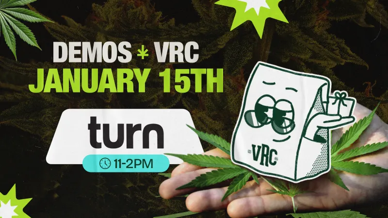 Vallejo Relief Center demo event graphic for Turn on January 15th from 11 AM to 2 PM, showing the VRC mascot holding a gift over cannabis leaves on a dark green background.