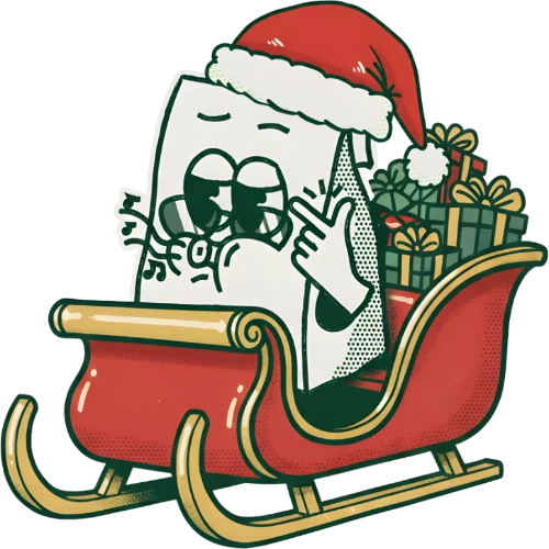 The official Vallejo Relief Center mascot, "Baggie", wearing a Santa hat, riding a sleigh with a bunch of gifts at the back seat, whistling a holiday tune.