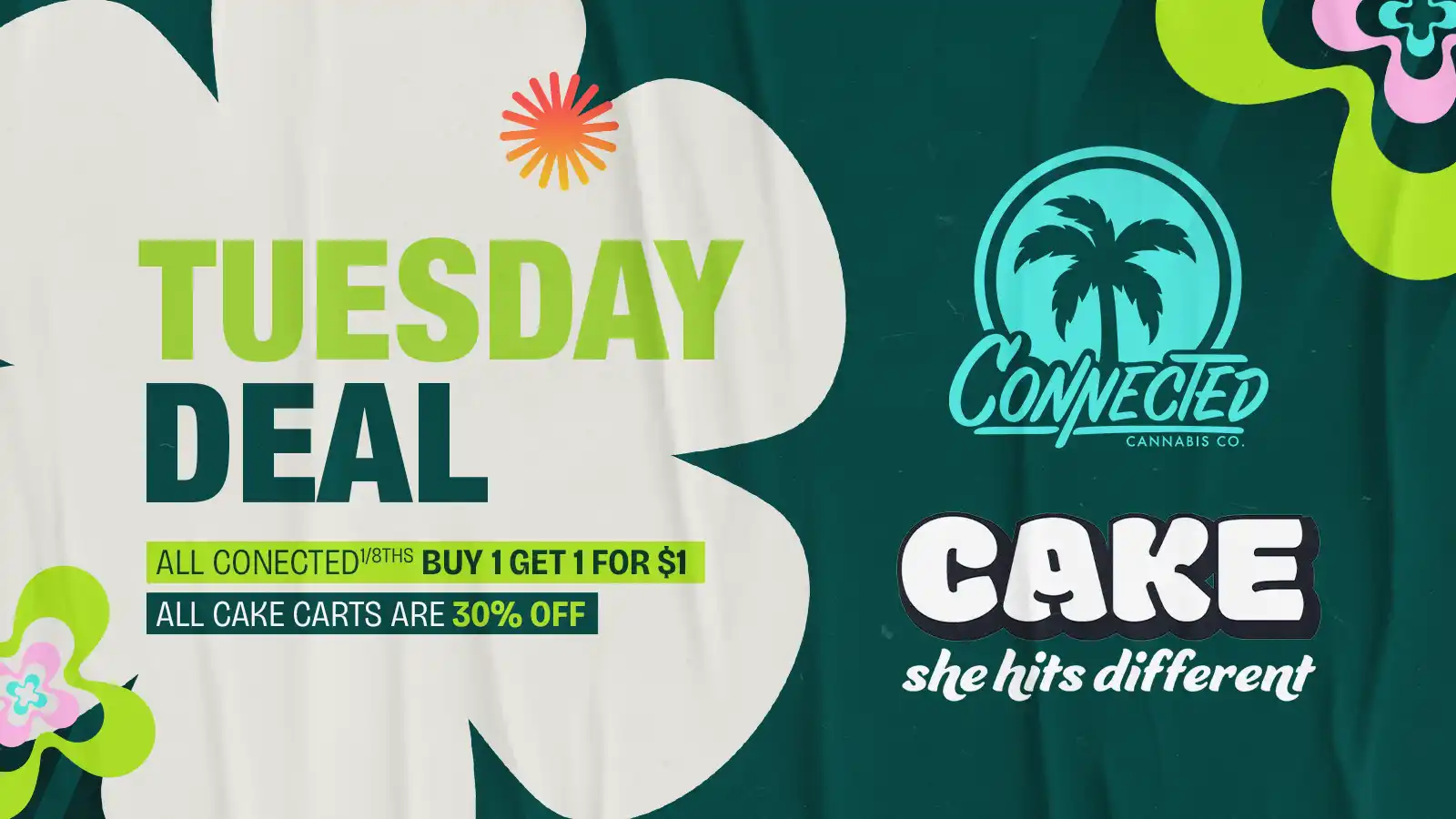 specials-tuesdays-cake-and-connected-dec-2025 Vallejo Relief Center Tuesday Deal promo featuring Connected Cannabis Co. and Cake brands. Highlights ‘Buy 1 Get 1 for $1’ on all Connected eighths and 30% off all Cake vape carts, with colorful flower graphics and brand logos.