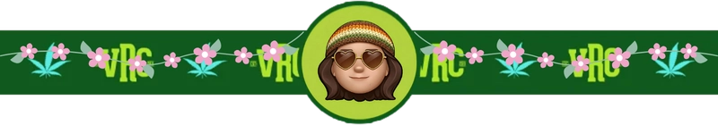 Vallejo Relief Center green floral banner featuring a cartoon hippie character wearing a beanie and sunglasses, surrounded by pink flowers and cannabis leaf icons on a branded strip.