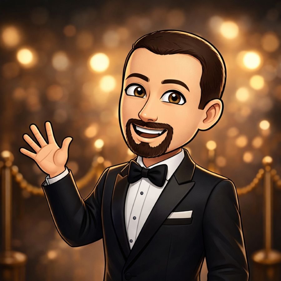 Cartoon-style portrait of Danny, a Vallejo Relief Center budtender, illustrated in a tuxedo waving at an awards-style Budtenders’ Wrapped 2025 event.