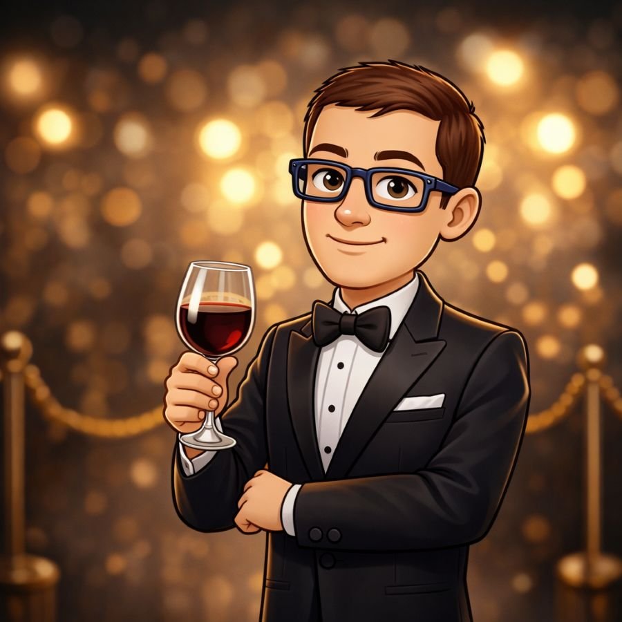 Cartoon-style portrait of David, a Vallejo Relief Center budtender, holding a glass of wine while dressed in a tuxedo for Budtenders’ Wrapped 2025.