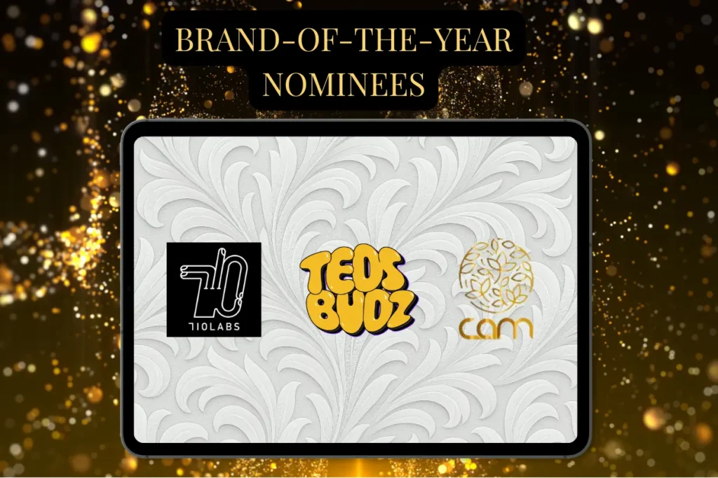 Budtenders’ Wrapped 2025 Brand of the Year nominees graphic featuring 710 Labs, Ted’s Budz, and CAM logos presented in an awards-style layout.