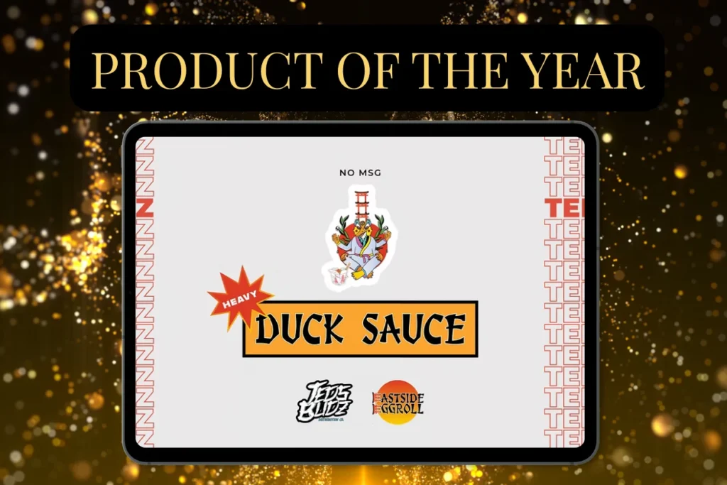Budtenders’ Wrapped 2025 Product of the Year graphic highlighting Ted’s Budz Duck Sauce, featuring bold product branding on a gold awards-inspired background.