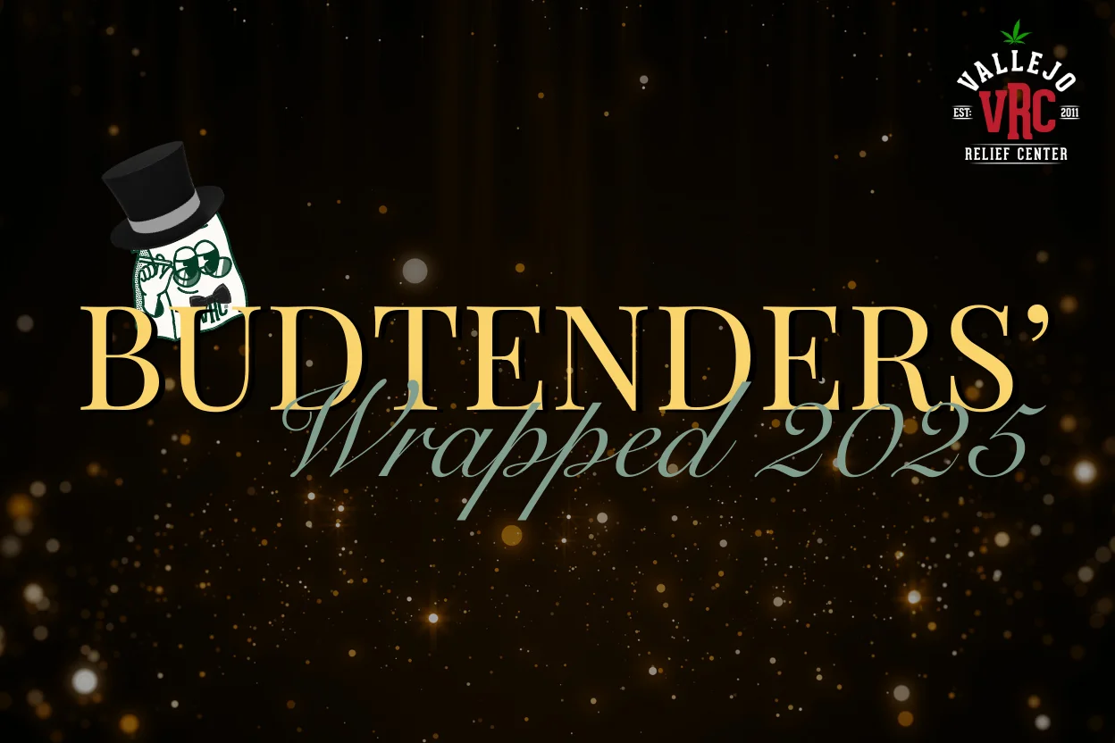Budtenders’ Wrapped 2025 cover graphic for Vallejo Relief Center, featuring a formal awards-night theme with gold sparkles and the VRC mascot in a tuxedo.