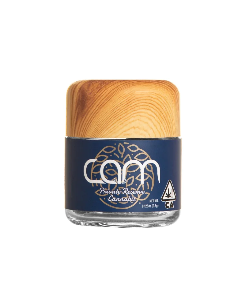 CAM Private Reserve Cannabis flower jar with wooden lid, premium indoor California cannabis packaging.