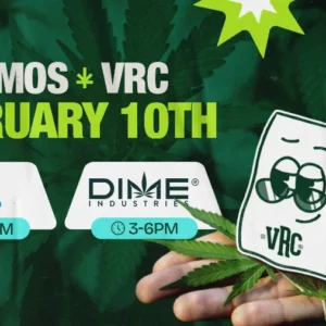 Vallejo Relief Center demo event promo for Connected from 12 PM to 2 PM and Dime Industries from 3 PM to 6 PM on February 10th, featuring the VRC mascot over a hand holding cannabis leaves.