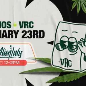 Cannabis brand demo graphic for Vallejo Relief Center featuring Alien Labs on February 23rd from 12 PM to 2 PM, with the VRC mascot and colorful cannabis leaf accents.
