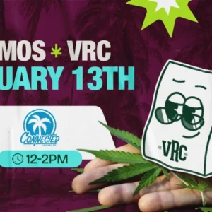 Cannabis demo event graphic for Vallejo Relief Center featuring Connected on January 13th from 12 PM to 2 PM, with the VRC mascot posed over cannabis leaves on a purple-toned background.